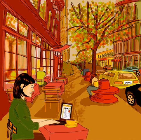 Um café, um computador e o mundo. Precisa mais?!  Por Elisa França.