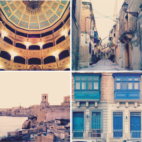1- Manoel Theatre, o terceiro teatro mais antigo da Europa. 2 - Rua de Vittoriosa, uma antiga cidade fortificada ao sul do Grand Harbour de Malta. 3 - Uma das vistas de Valletta, a capital . 4 - A típica arquitetura maltesa.